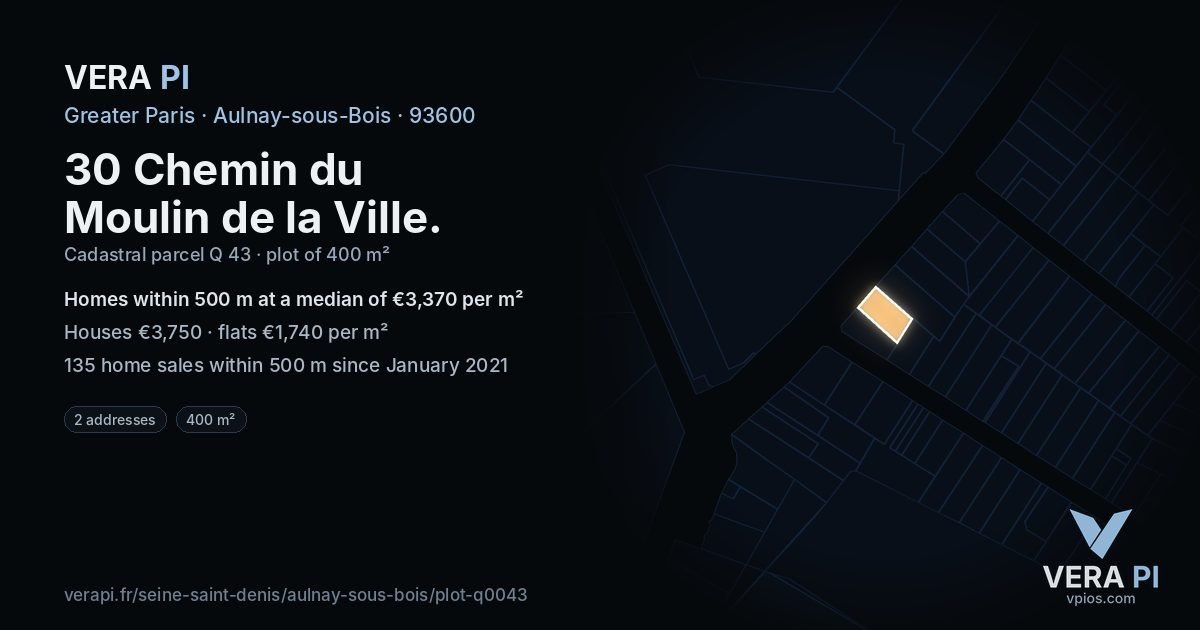 30 Chemin du Moulin de la Ville, Aulnay-sous-Bois at night – the plot lit, the parcels around coloured by the prices near them