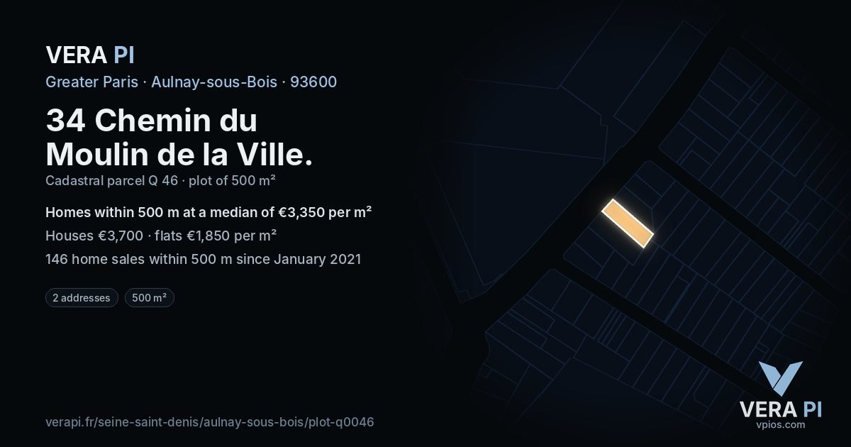 34 Chemin du Moulin de la Ville, Aulnay-sous-Bois at night – the plot lit, the parcels around coloured by the prices near them
