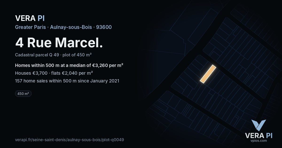 4 Rue Marcel, Aulnay-sous-Bois at night – the plot lit, the parcels around coloured by the prices near them