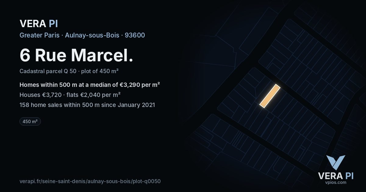 6 Rue Marcel, Aulnay-sous-Bois at night – the plot lit, the parcels around coloured by the prices near them
