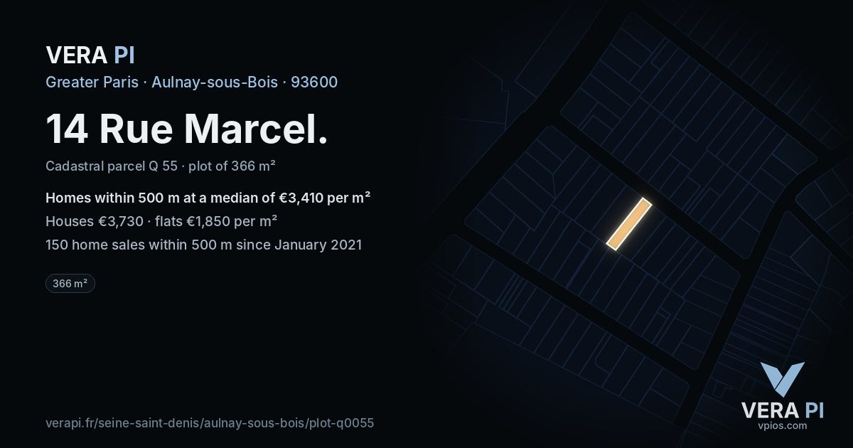 14 Rue Marcel, Aulnay-sous-Bois at night – the plot lit, the parcels around coloured by the prices near them