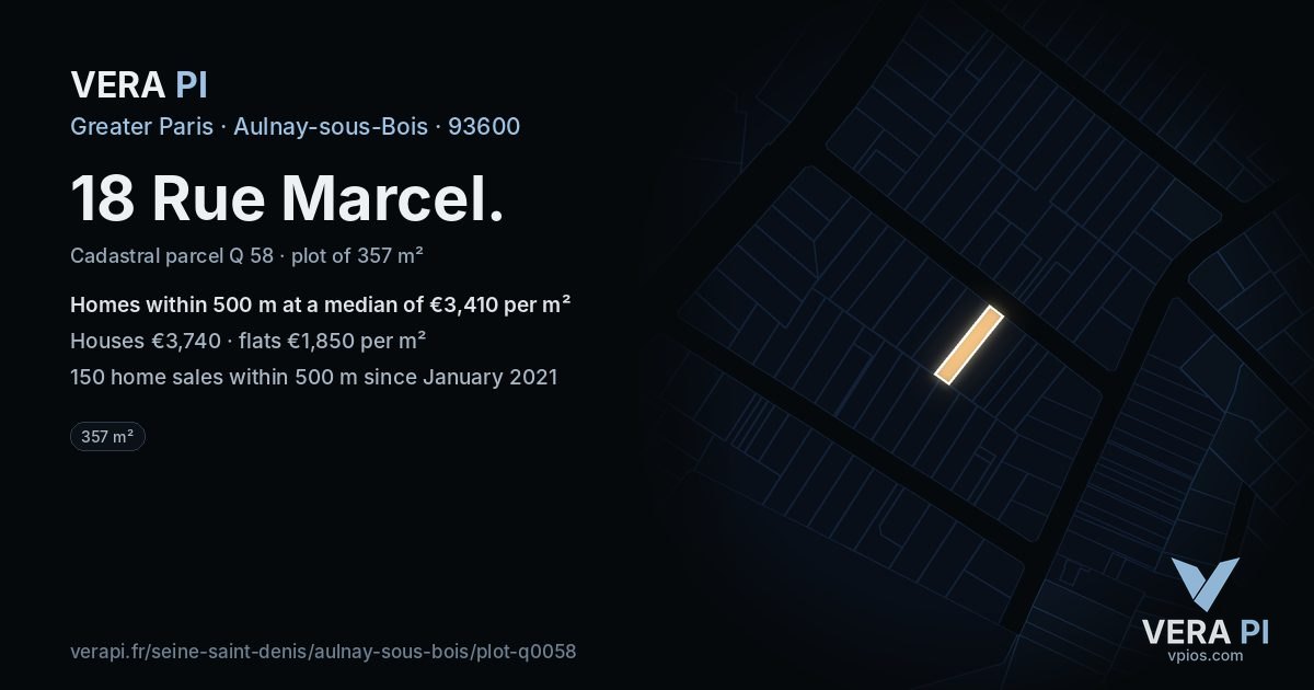 18 Rue Marcel, Aulnay-sous-Bois at night – the plot lit, the parcels around coloured by the prices near them