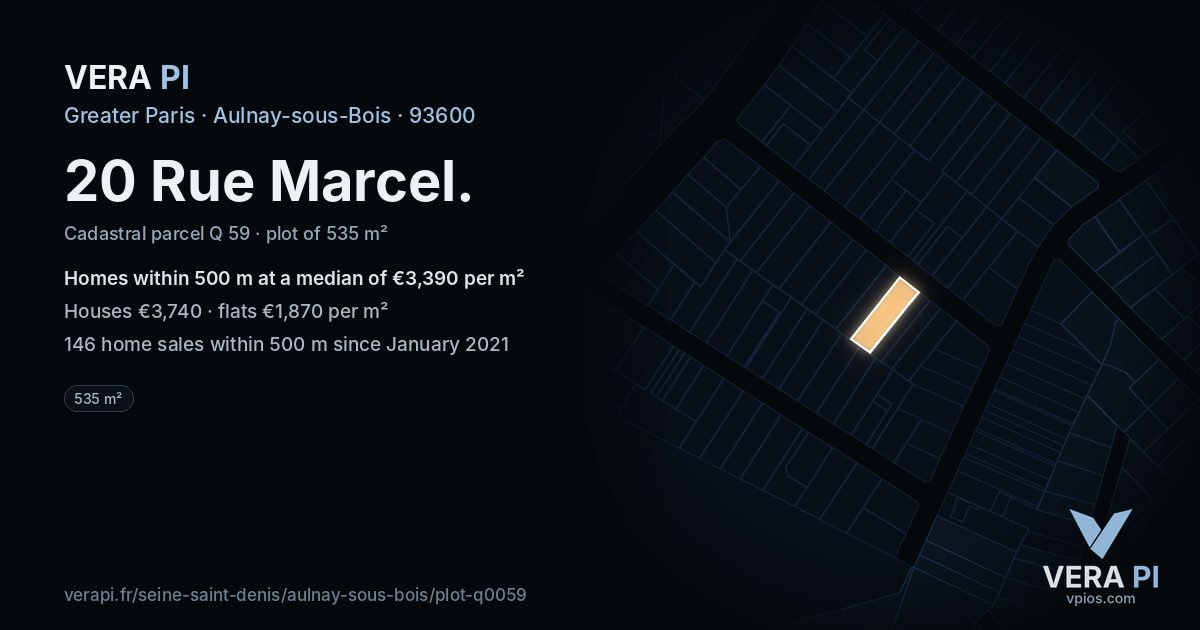 20 Rue Marcel, Aulnay-sous-Bois at night – the plot lit, the parcels around coloured by the prices near them
