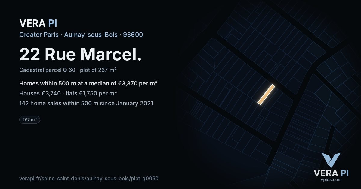 22 Rue Marcel, Aulnay-sous-Bois at night – the plot lit, the parcels around coloured by the prices near them