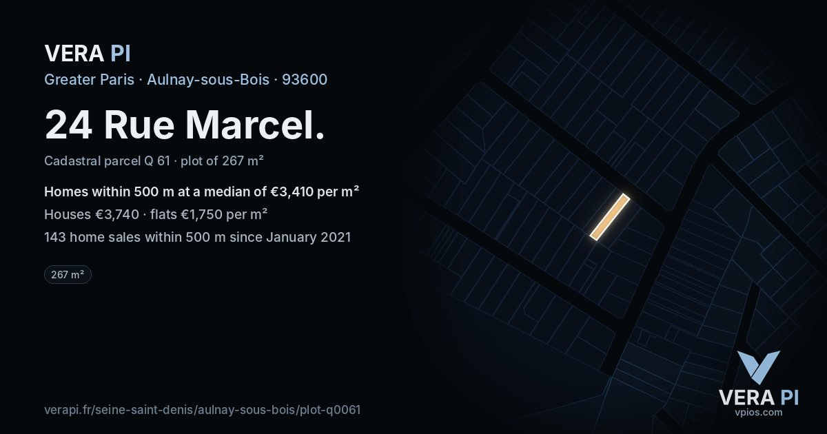 24 Rue Marcel, Aulnay-sous-Bois at night – the plot lit, the parcels around coloured by the prices near them