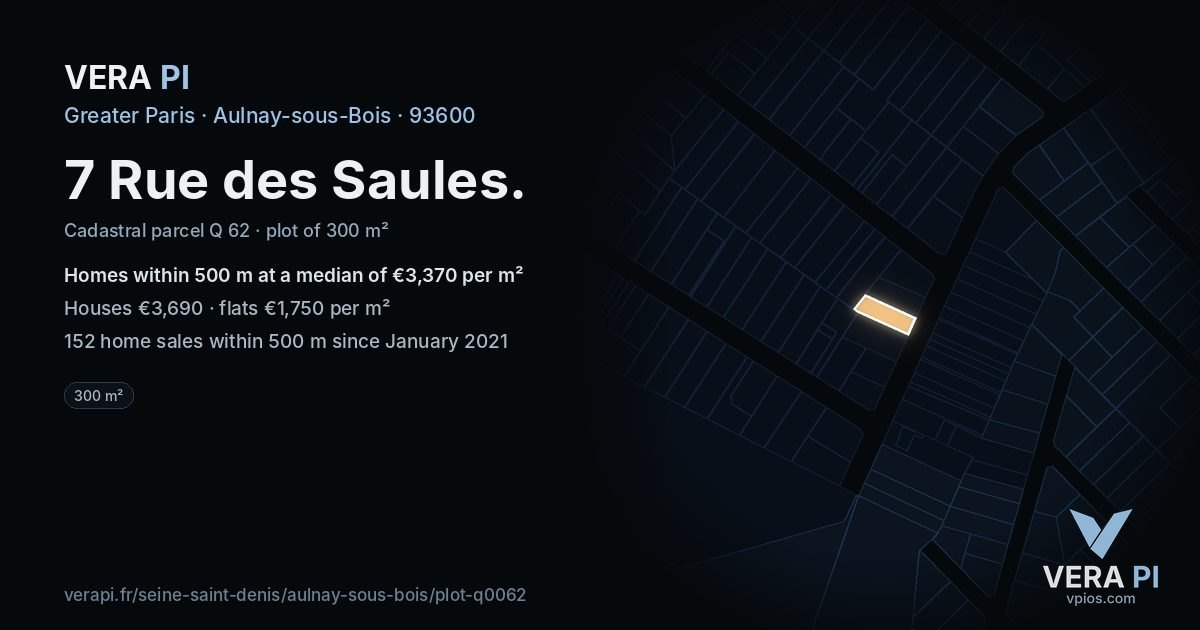 7 Rue des Saules, Aulnay-sous-Bois at night – the plot lit, the parcels around coloured by the prices near them