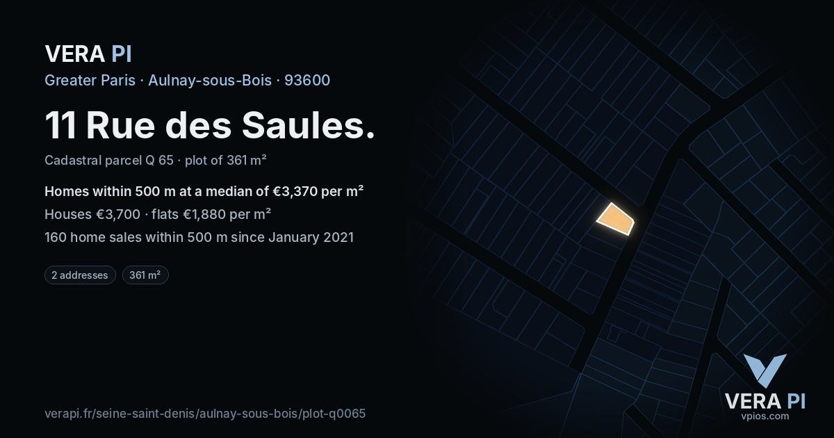 11 Rue des Saules, Aulnay-sous-Bois at night – the plot lit, the parcels around coloured by the prices near them