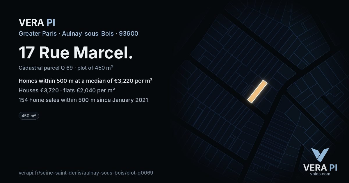 17 Rue Marcel, Aulnay-sous-Bois at night – the plot lit, the parcels around coloured by the prices near them