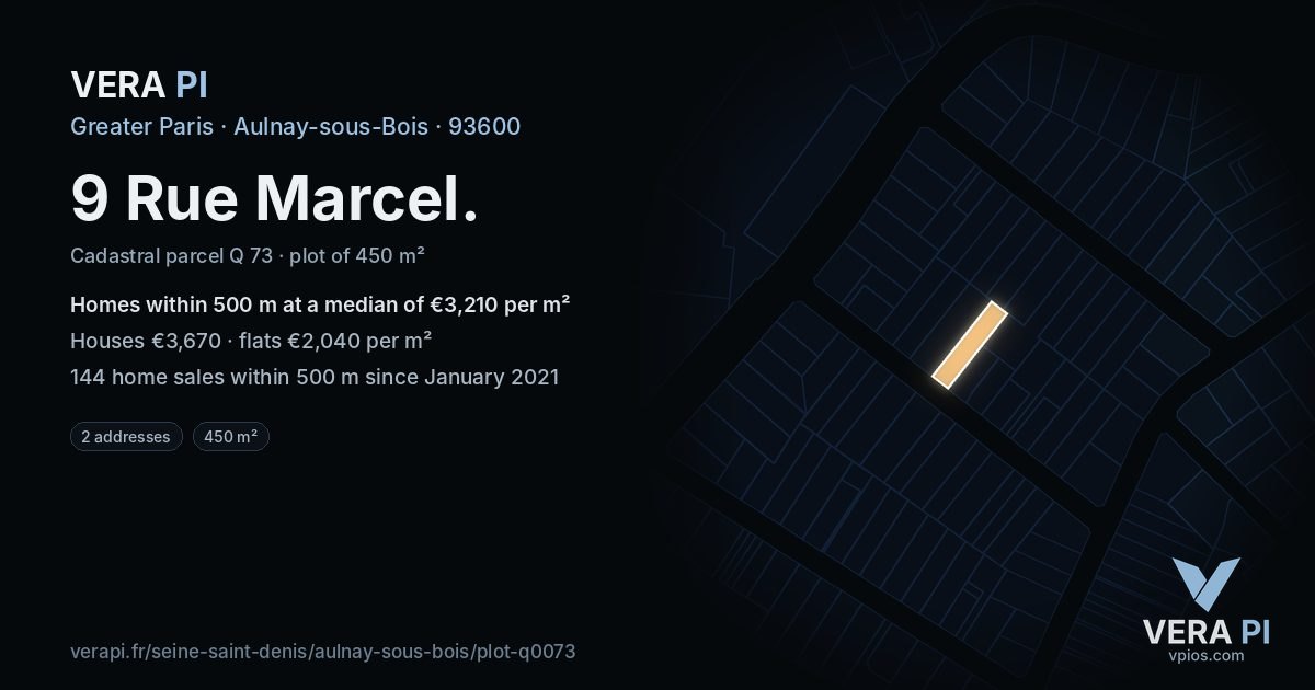 9 Rue Marcel, Aulnay-sous-Bois at night – the plot lit, the parcels around coloured by the prices near them