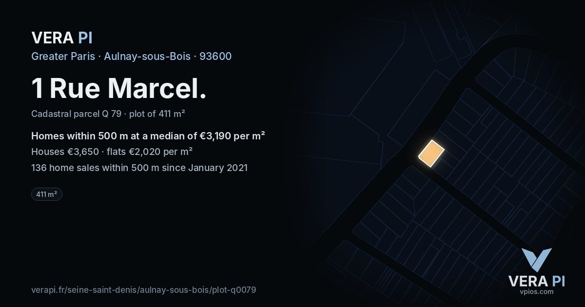 1 Rue Marcel, Aulnay-sous-Bois at night – the plot lit, the parcels around coloured by the prices near them