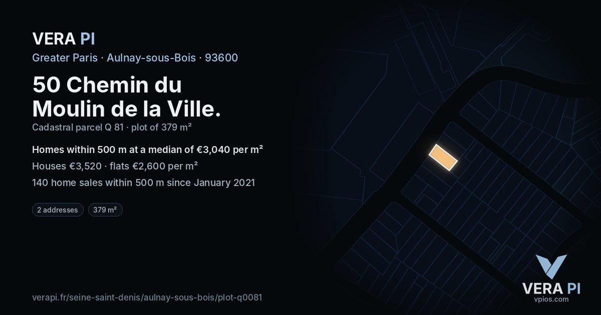 50 Chemin du Moulin de la Ville, Aulnay-sous-Bois at night – the plot lit, the parcels around coloured by the prices near them