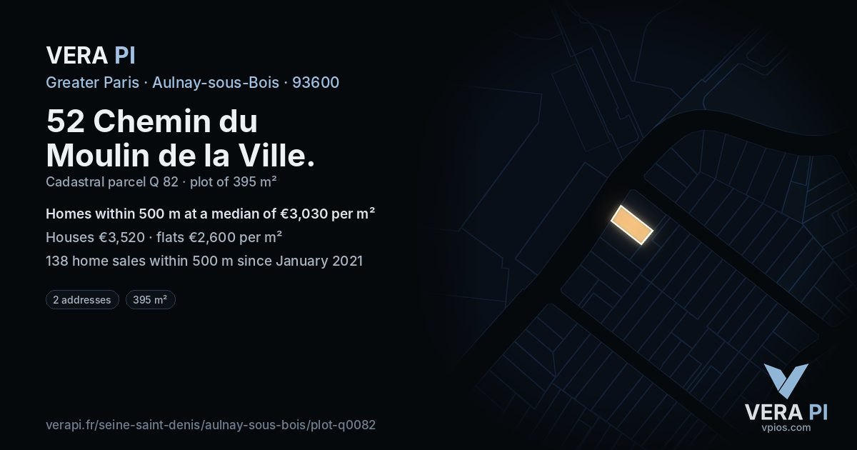 52 Chemin du Moulin de la Ville, Aulnay-sous-Bois at night – the plot lit, the parcels around coloured by the prices near them