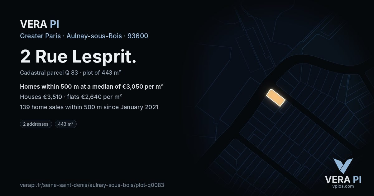 2 Rue Lesprit, Aulnay-sous-Bois at night – the plot lit, the parcels around coloured by the prices near them