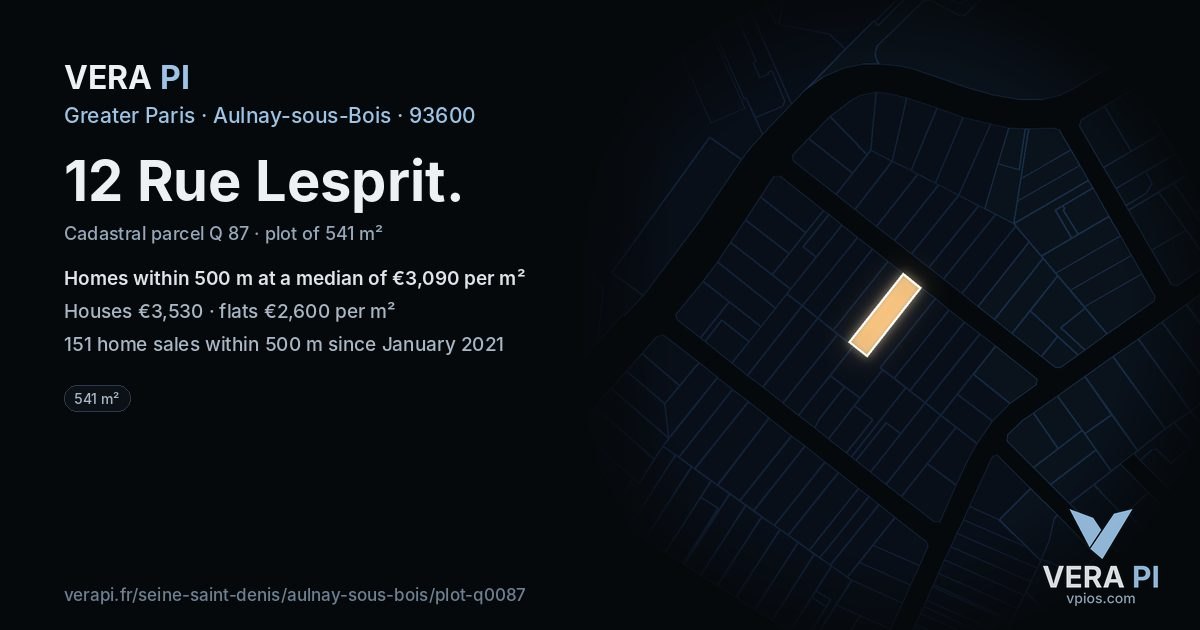 12 Rue Lesprit, Aulnay-sous-Bois at night – the plot lit, the parcels around coloured by the prices near them
