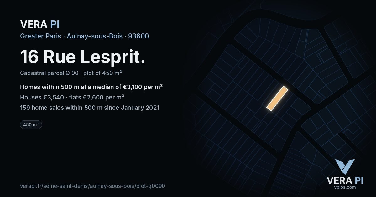 16 Rue Lesprit, Aulnay-sous-Bois at night – the plot lit, the parcels around coloured by the prices near them