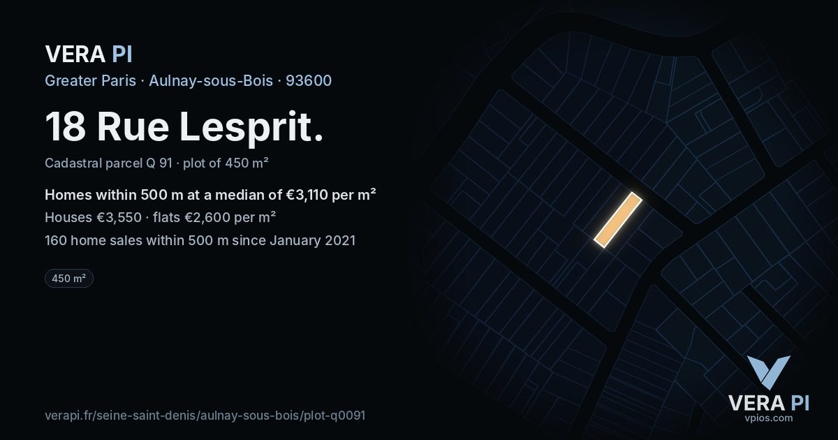 18 Rue Lesprit, Aulnay-sous-Bois at night – the plot lit, the parcels around coloured by the prices near them