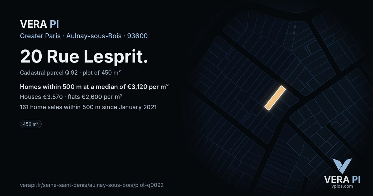 20 Rue Lesprit, Aulnay-sous-Bois at night – the plot lit, the parcels around coloured by the prices near them
