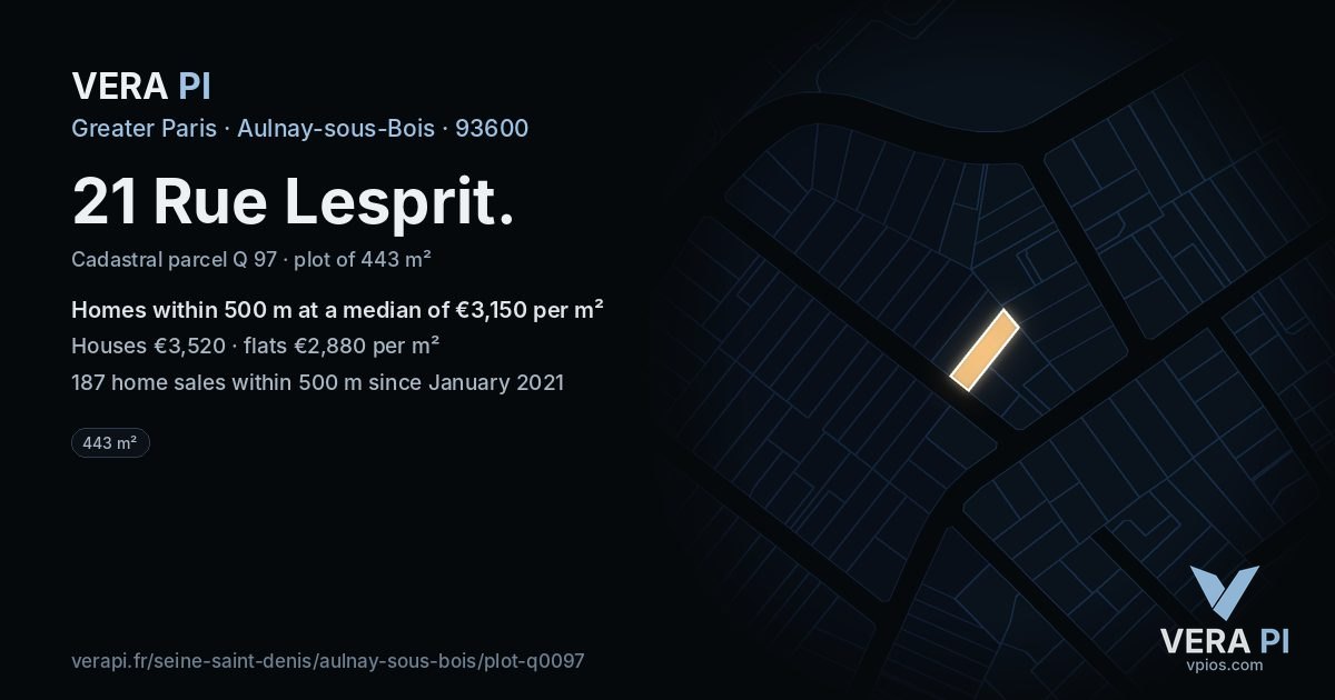 21 Rue Lesprit, Aulnay-sous-Bois at night – the plot lit, the parcels around coloured by the prices near them