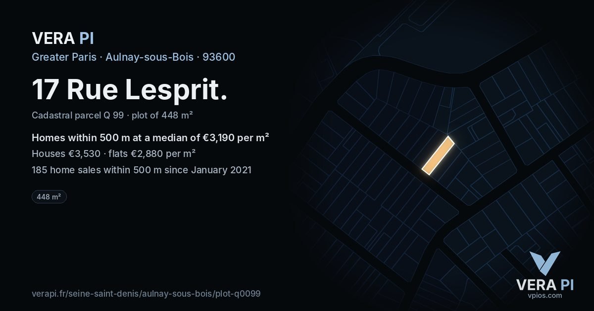 17 Rue Lesprit, Aulnay-sous-Bois at night – the plot lit, the parcels around coloured by the prices near them