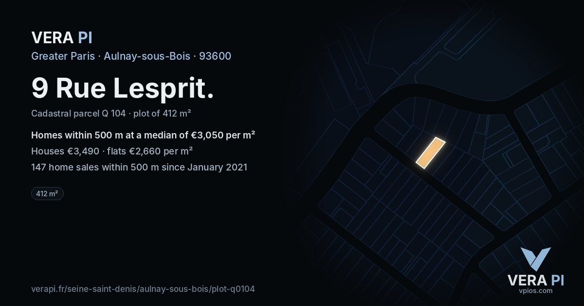 9 Rue Lesprit, Aulnay-sous-Bois at night – the plot lit, the parcels around coloured by the prices near them