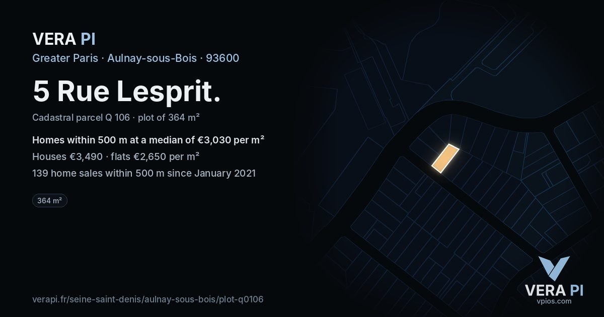 5 Rue Lesprit, Aulnay-sous-Bois at night – the plot lit, the parcels around coloured by the prices near them