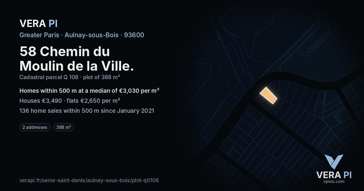 58 Chemin du Moulin de la Ville, Aulnay-sous-Bois at night – the plot lit, the parcels around coloured by the prices near them