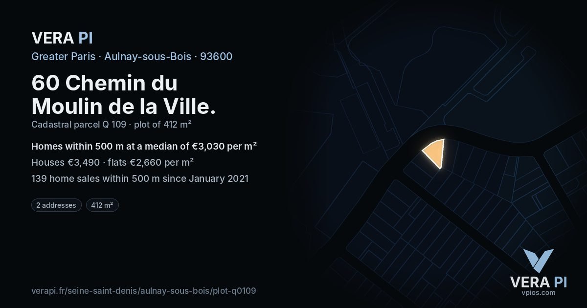 60 Chemin du Moulin de la Ville, Aulnay-sous-Bois at night – the plot lit, the parcels around coloured by the prices near them