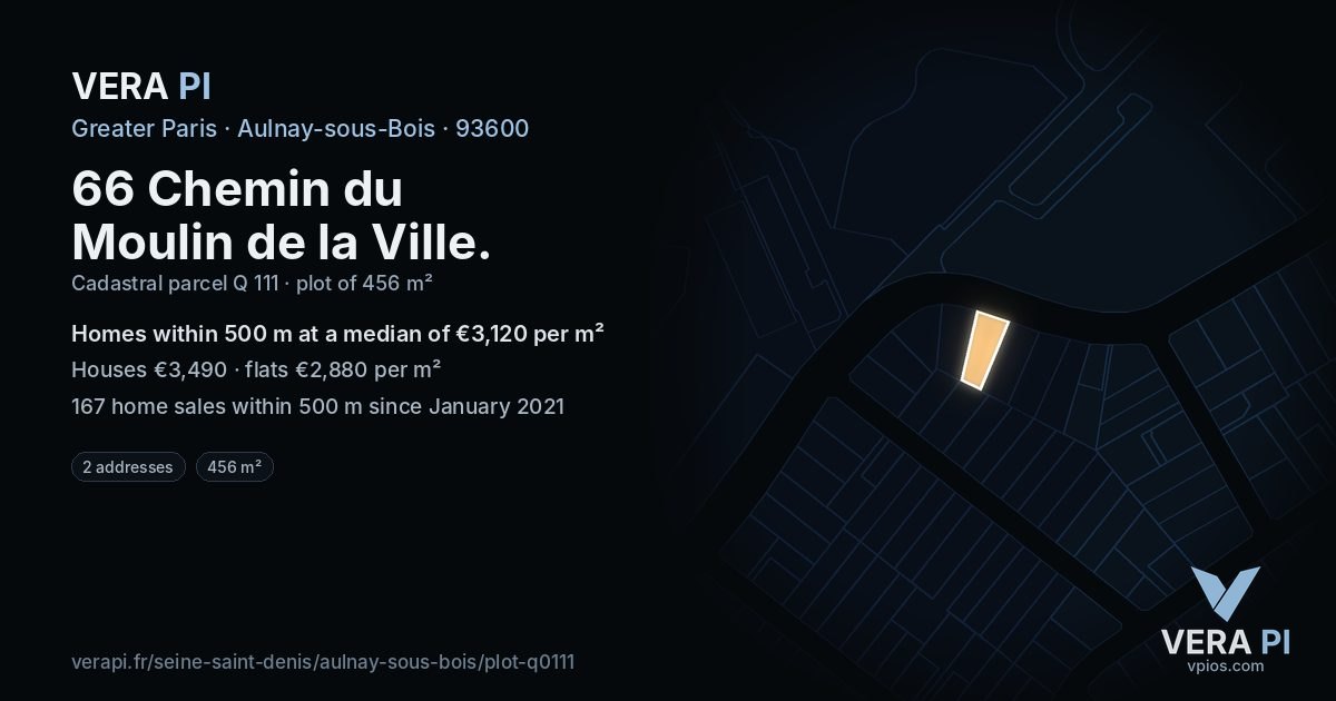 66 Chemin du Moulin de la Ville, Aulnay-sous-Bois at night – the plot lit, the parcels around coloured by the prices near them