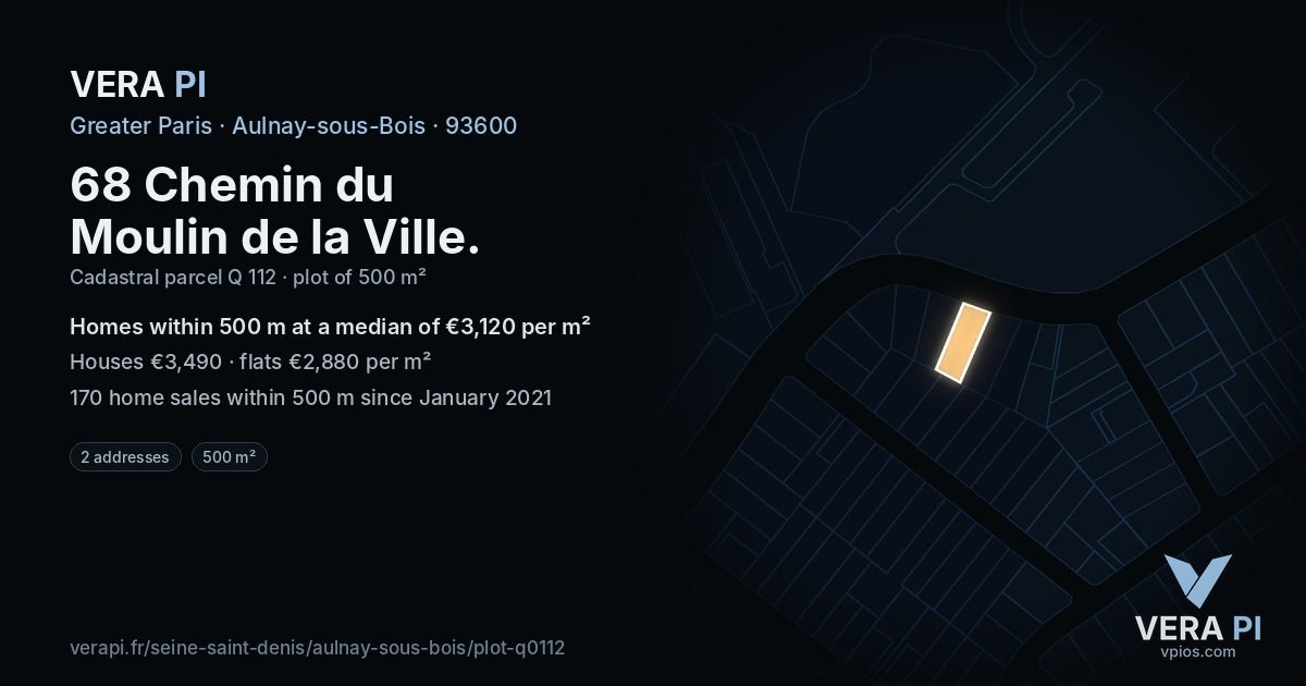 68 Chemin du Moulin de la Ville, Aulnay-sous-Bois at night – the plot lit, the parcels around coloured by the prices near them