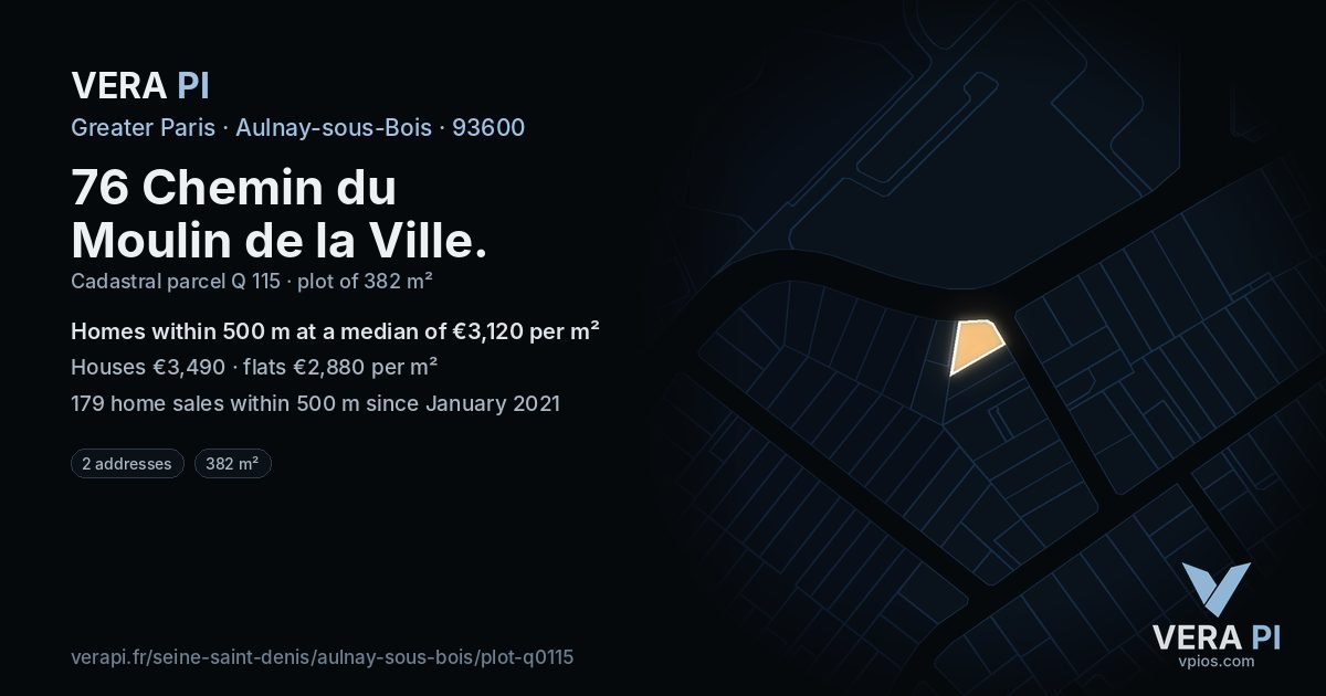 76 Chemin du Moulin de la Ville, Aulnay-sous-Bois at night – the plot lit, the parcels around coloured by the prices near them