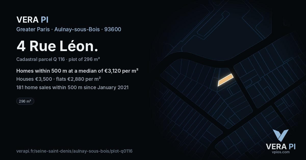 4 Rue Léon, Aulnay-sous-Bois at night – the plot lit, the parcels around coloured by the prices near them