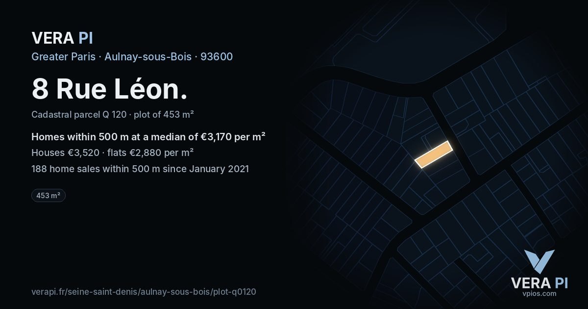 8 Rue Léon, Aulnay-sous-Bois at night – the plot lit, the parcels around coloured by the prices near them