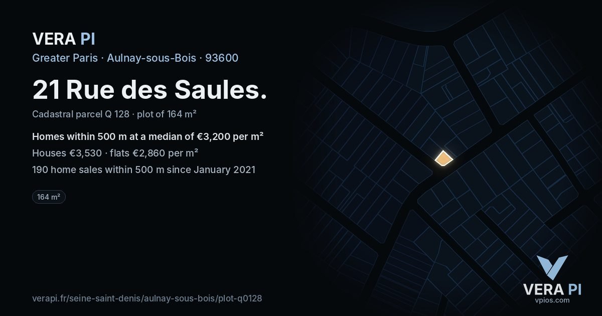 21 Rue des Saules, Aulnay-sous-Bois at night – the plot lit, the parcels around coloured by the prices near them