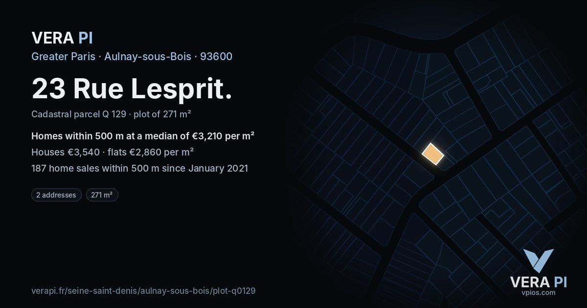 23 Rue Lesprit, Aulnay-sous-Bois at night – the plot lit, the parcels around coloured by the prices near them