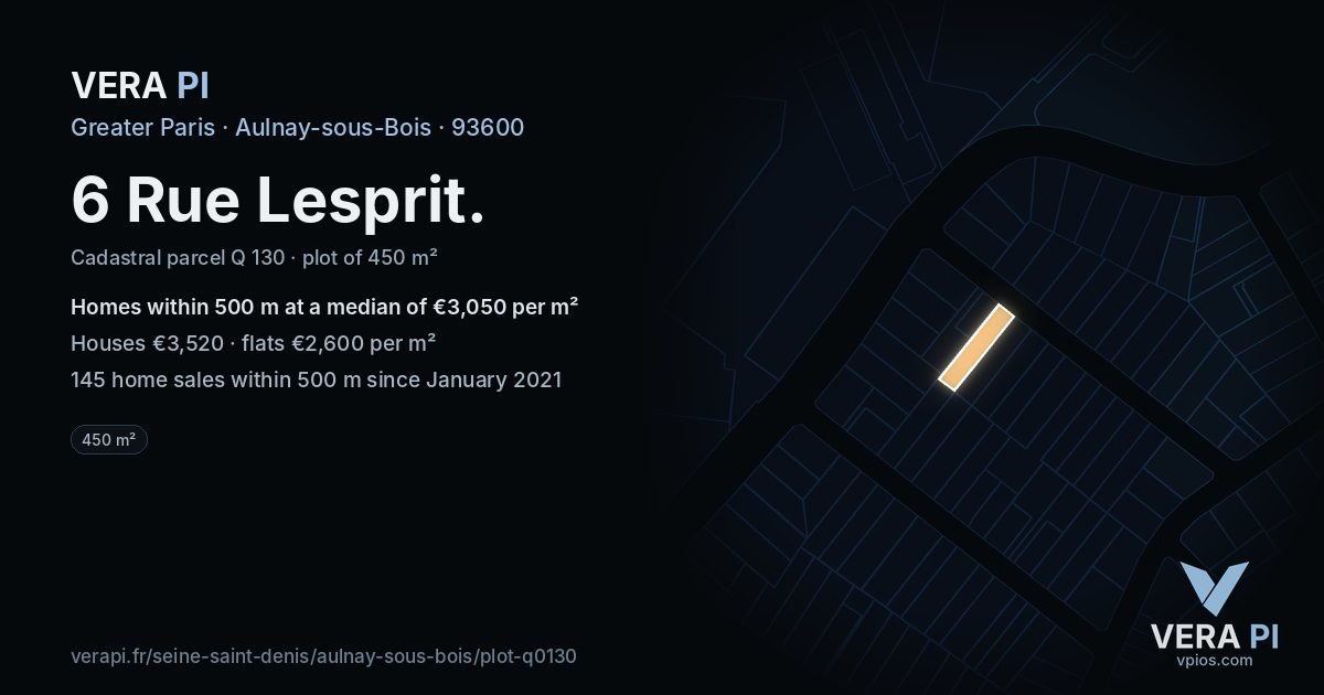 6 Rue Lesprit, Aulnay-sous-Bois at night – the plot lit, the parcels around coloured by the prices near them