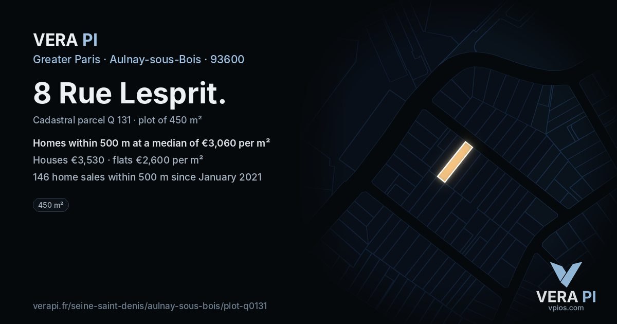 8 Rue Lesprit, Aulnay-sous-Bois at night – the plot lit, the parcels around coloured by the prices near them