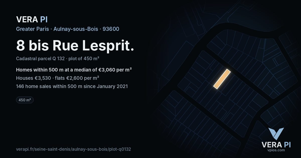 8 bis Rue Lesprit, Aulnay-sous-Bois at night – the plot lit, the parcels around coloured by the prices near them