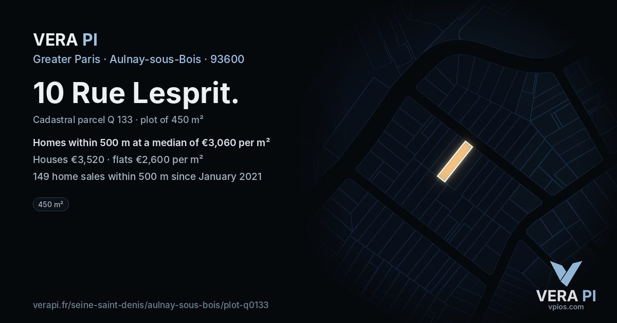10 Rue Lesprit, Aulnay-sous-Bois at night – the plot lit, the parcels around coloured by the prices near them