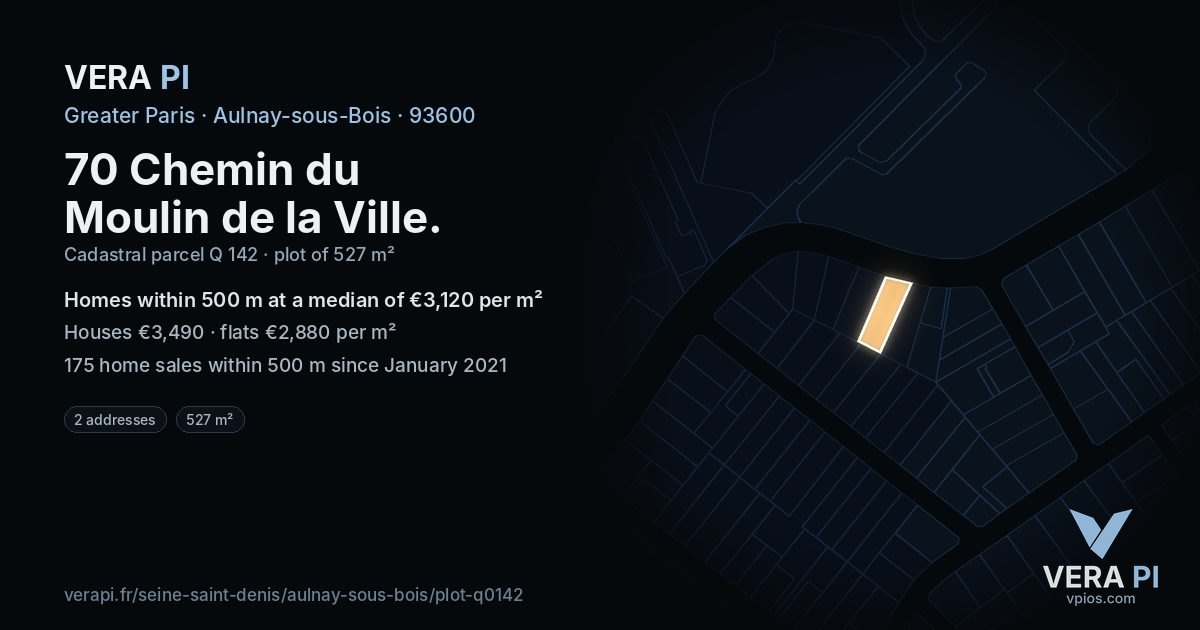 70 Chemin du Moulin de la Ville, Aulnay-sous-Bois at night – the plot lit, the parcels around coloured by the prices near them