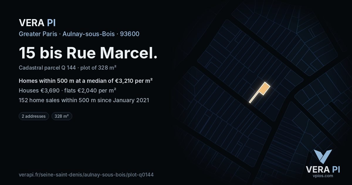 15 bis Rue Marcel, Aulnay-sous-Bois at night – the plot lit, the parcels around coloured by the prices near them