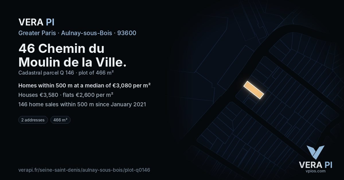46 Chemin du Moulin de la Ville, Aulnay-sous-Bois at night – the plot lit, the parcels around coloured by the prices near them