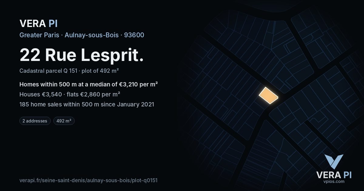 22 Rue Lesprit, Aulnay-sous-Bois at night – the plot lit, the parcels around coloured by the prices near them