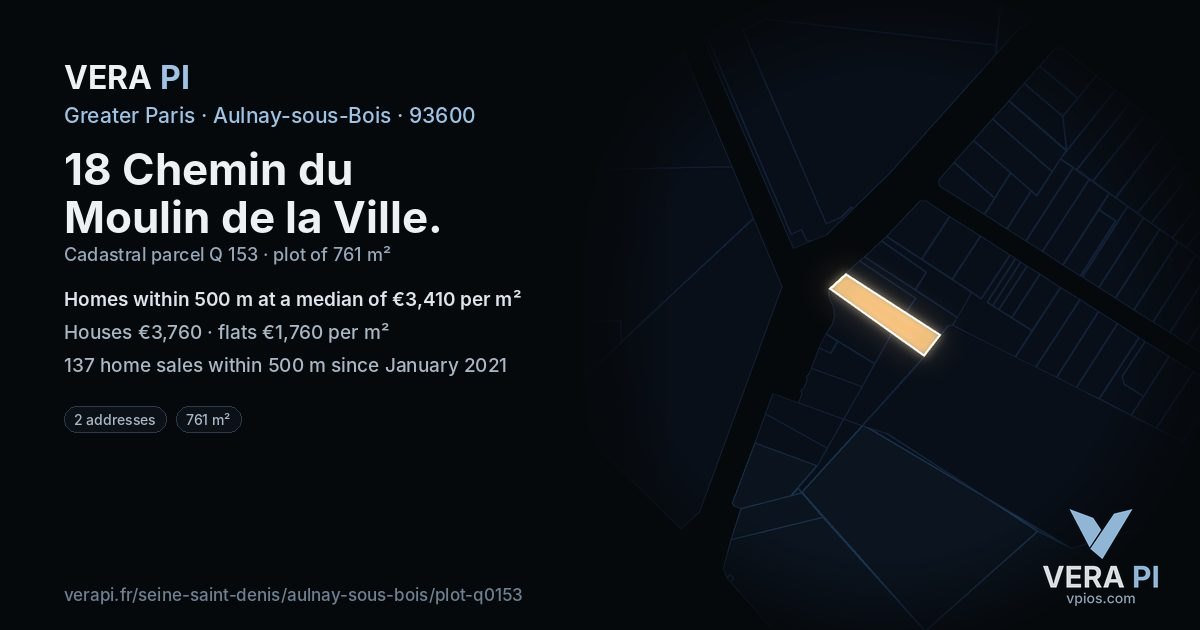 18 Chemin du Moulin de la Ville, Aulnay-sous-Bois at night – the plot lit, the parcels around coloured by the prices near them