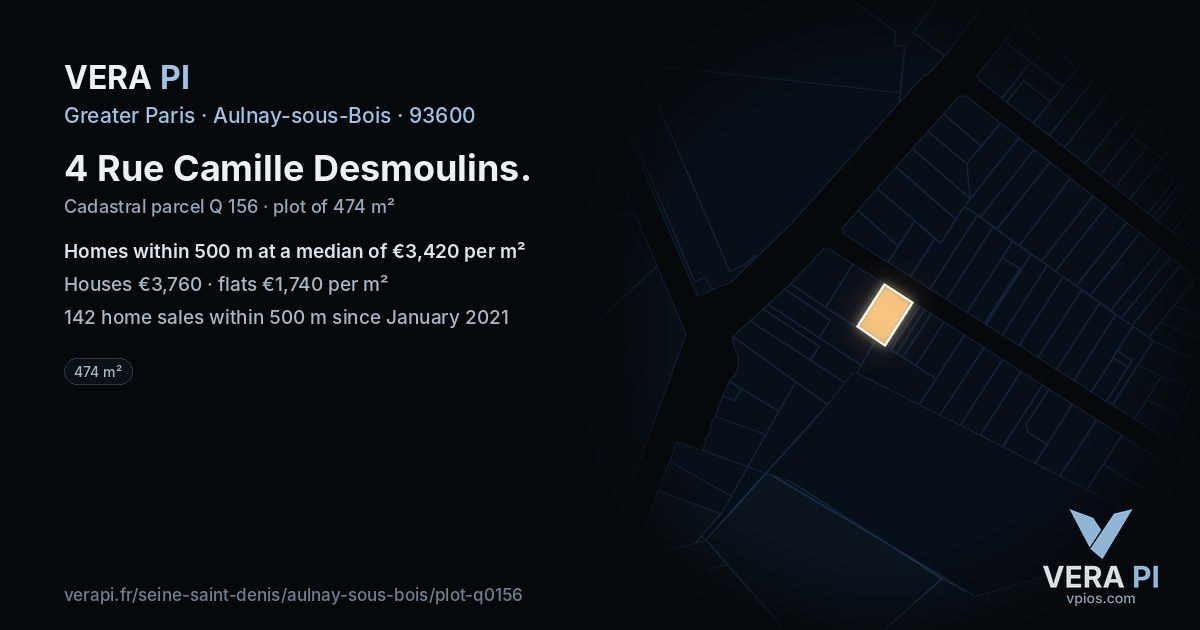 4 Rue Camille Desmoulins, Aulnay-sous-Bois at night – the plot lit, the parcels around coloured by the prices near them