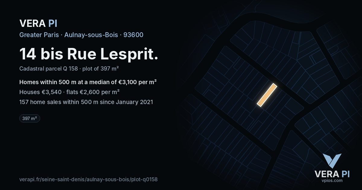 14 bis Rue Lesprit, Aulnay-sous-Bois at night – the plot lit, the parcels around coloured by the prices near them