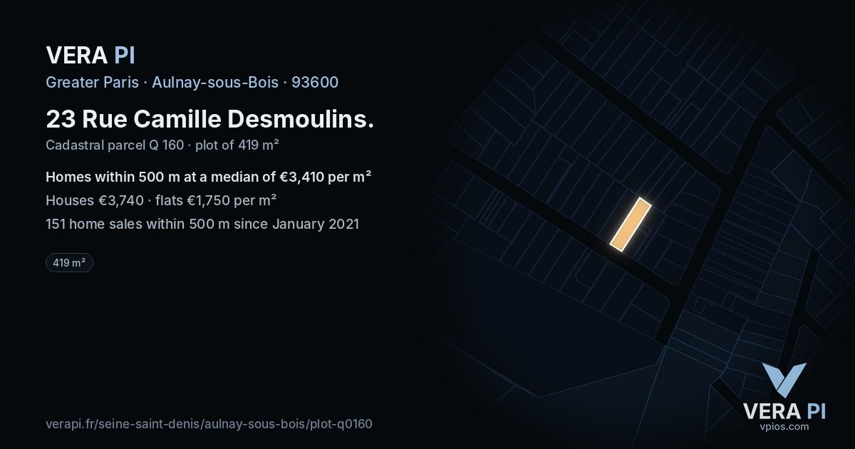 23 Rue Camille Desmoulins, Aulnay-sous-Bois at night – the plot lit, the parcels around coloured by the prices near them