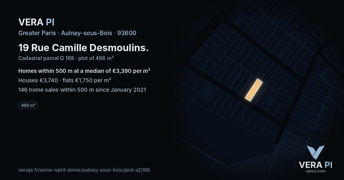 19 Rue Camille Desmoulins, Aulnay-sous-Bois at night – the plot lit, the parcels around coloured by the prices near them