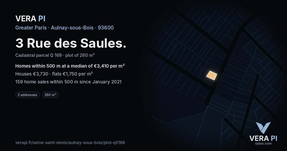3 Rue des Saules, Aulnay-sous-Bois at night – the plot lit, the parcels around coloured by the prices near them