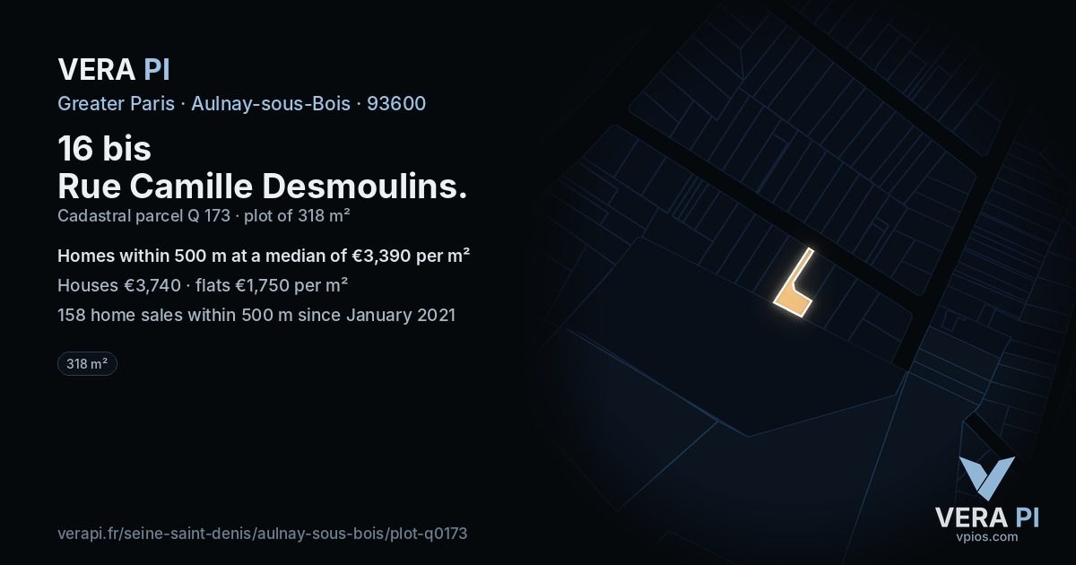 16 bis Rue Camille Desmoulins, Aulnay-sous-Bois at night – the plot lit, the parcels around coloured by the prices near them