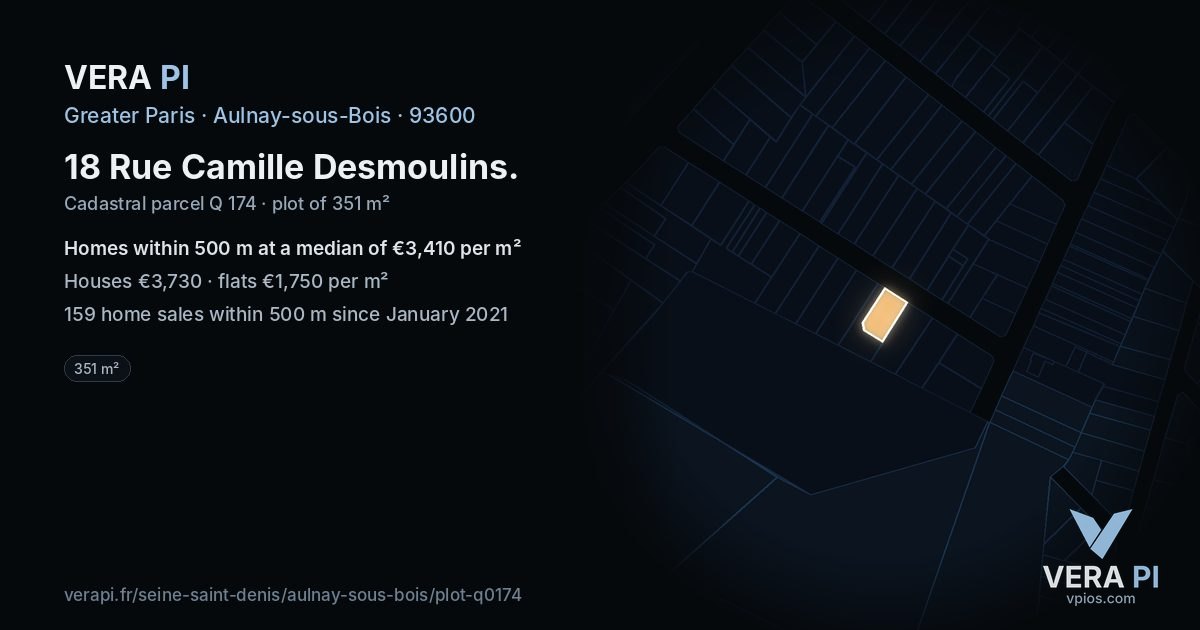 18 Rue Camille Desmoulins, Aulnay-sous-Bois at night – the plot lit, the parcels around coloured by the prices near them